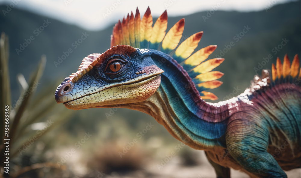 Fototapeta premium A colorful dinosaur with a feathery crest stands in a lush forest setting