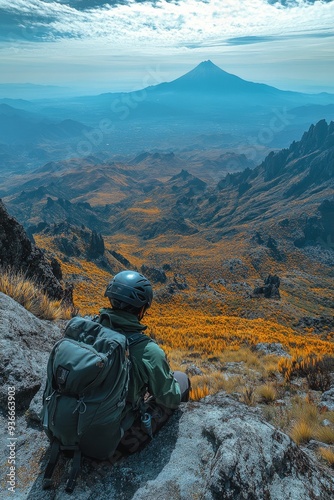 Hiker gazes at a majestic volcano from a rocky peak on a sunny day