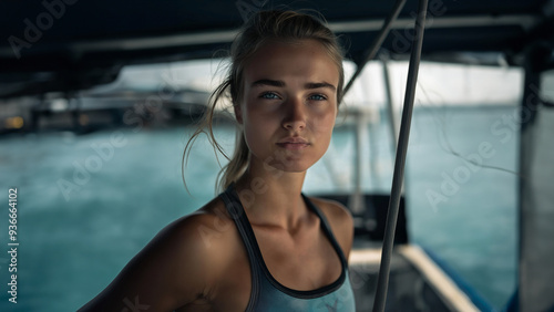 Attraktive junge Influencerin posiert auf Luxusyacht photo