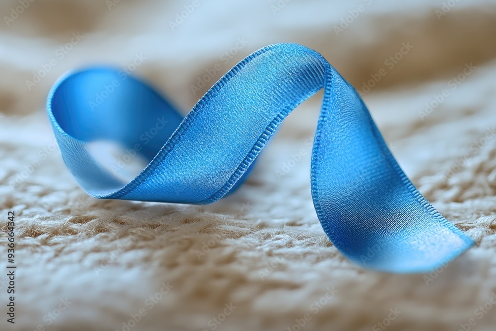 Close-Up of a Blue Ribbon on Textured Fabric Surface with Soft Focus and Natural Lighting Close-Up of a Blue Ribbon on Textured Fabric Surface with Soft Focus and Natural Lighting