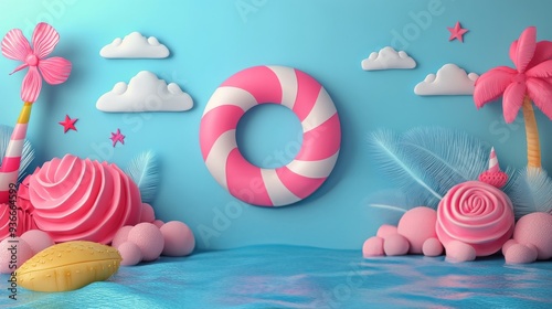 Tranquil poolside with pink balloons and fluffy decor in a sunny tropical set...