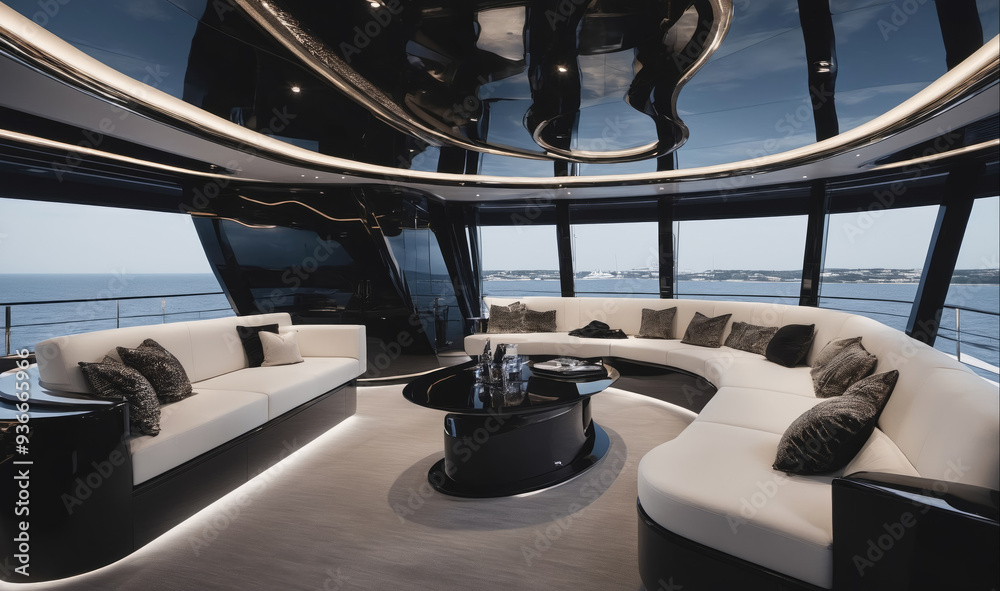 A modern yacht lounge features a large white couch and a black coffee table A modern yacht lounge features a large white couch and a black coffee table