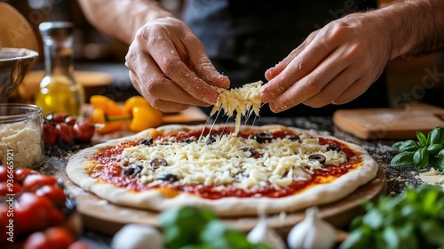 Preparing a fresh cheese pizza with herbs and tomato sauce at home in the kit...
