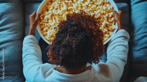 Man enjoying a large bowl of popcorn while seated at home in a cozy setting