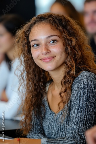 Smiling young woman with curly hair and glasses in a cozy sweater at a gathering