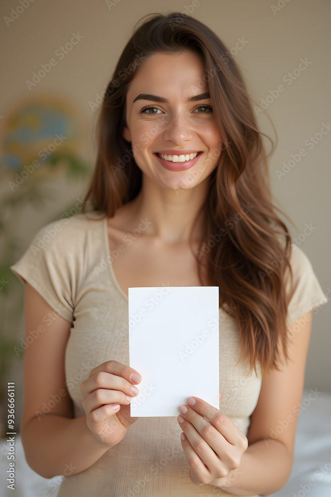 Smiling young woman in casual clothes holding a blank card indoors with a warm background, great for invitations, personal messages, or marketing materials in a cozy setting.
Smiling young woman in casual clothes holding a blank card indoors with a warm background, great for invitations, personal messages, or marketing materials in a cozy setting.