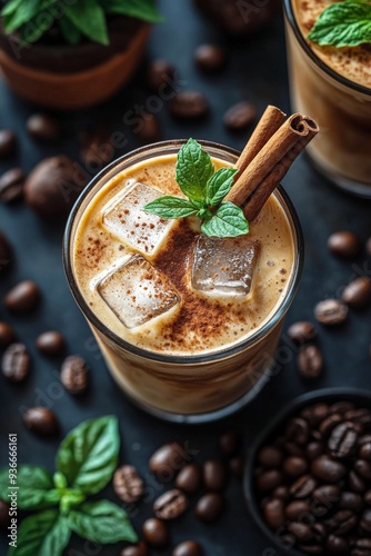 Iced coffee with cinnamon and cocoa on a dark surface surrounded by coffee beans