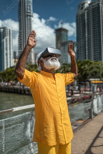 Man wearing virtual reality headset stands on a bridge in a bustling urban ar...