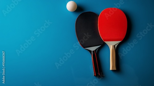 Two table tennis paddles with a ball on a blue background