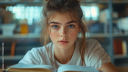 Young woman studying intently in a cozy library during the afternoon