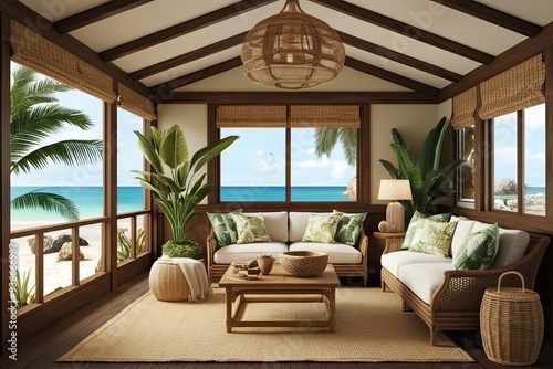 Vintage Coastal Eco-Friendly Interior Design with Natural Accents and Tropical 3D Illustration