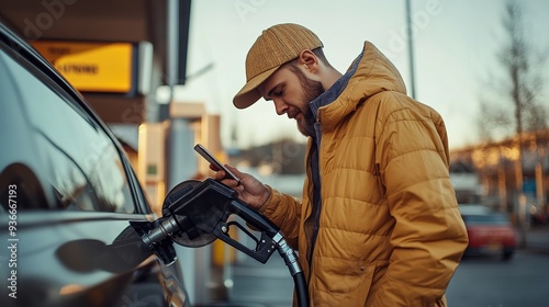 A man refueling his car at a gas station, holding the nozzle with one hand while checking his phone, captured in a modern urban setting