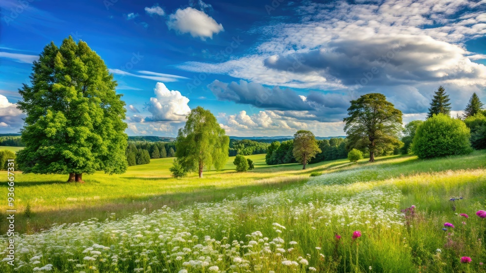 Obraz premium Serene countryside scene featuring a rolling green common land with wildflowers and tall trees under a clear blue sky with a few puffy white clouds.