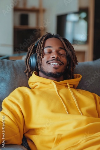 Man wearing headphones relaxes on a green couch with a smile indoors