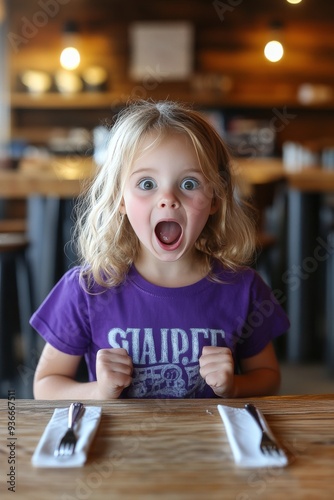 Excited child with braids ready to eat at a cozy restaurant