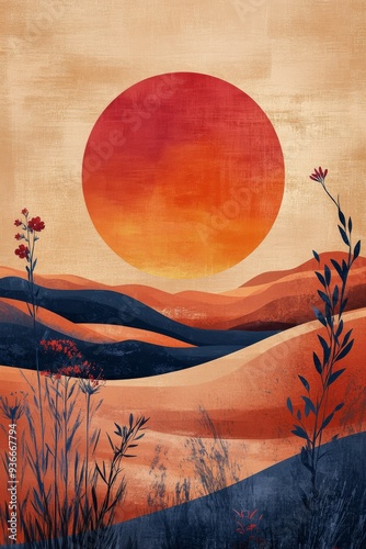 Sunset over rolling hills with wildflowers in a serene landscape