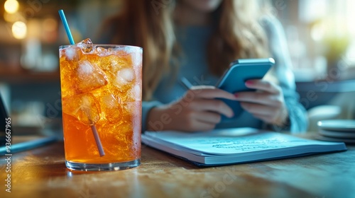 Young woman sitting at a cafe, checking her phone while enjoying a drink duri...