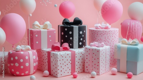 Pink-themed decorative display with whimsical trees and various bags during d...