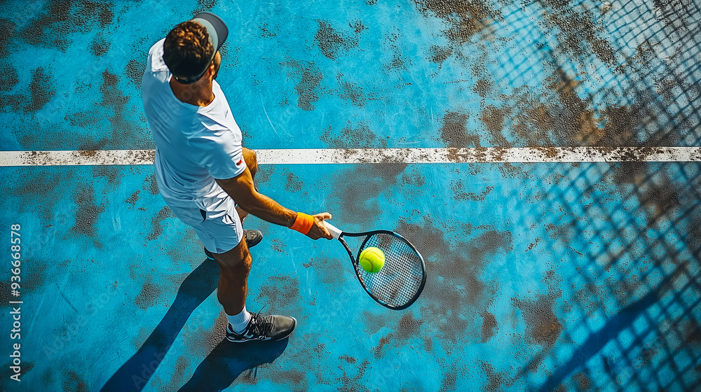 Top view of an athlete playing padel tennis.