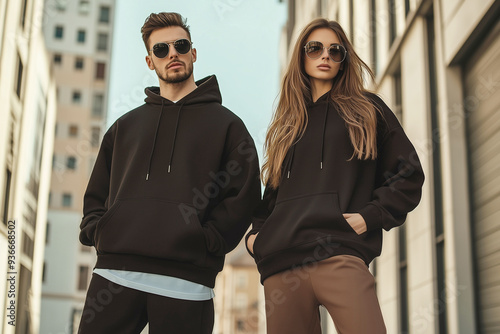 Man and woman wearing mock up black hoodies