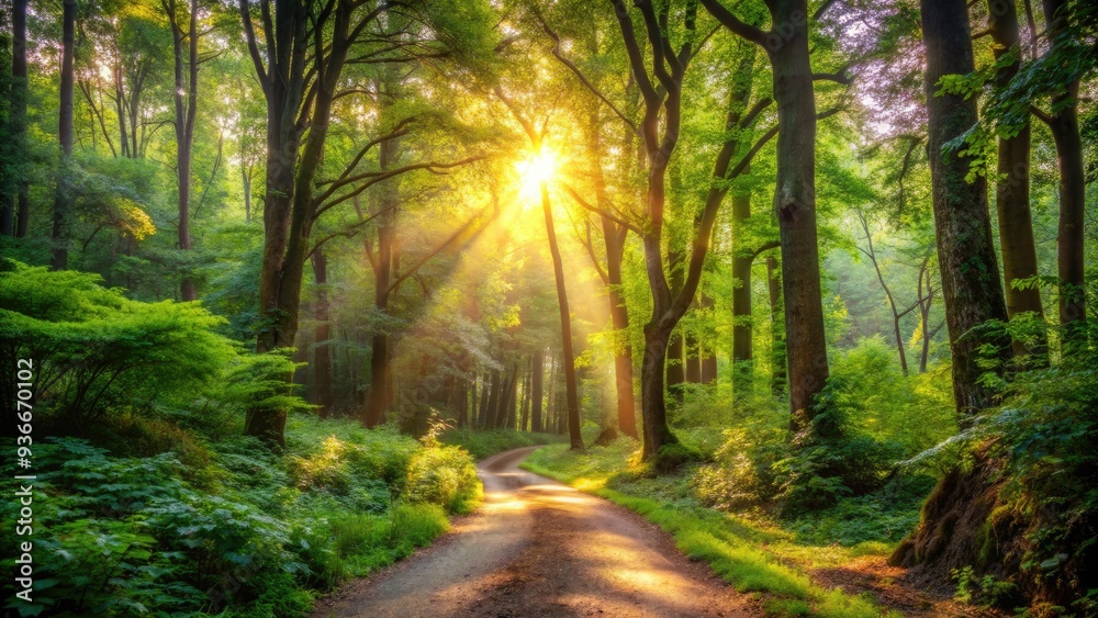 Obraz premium Serene forest scene featuring a winding dirt path disappearing into dense foliage, surrounded by towering trees with dappled sunlight filtering through the canopy above.