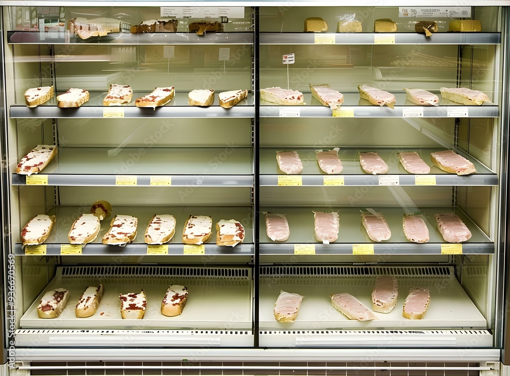 Refrigerated Display Case of Sandwiches and Meat in a Grocery Store Refrigerated Display Case of Sandwiches and Meat in a Grocery Store