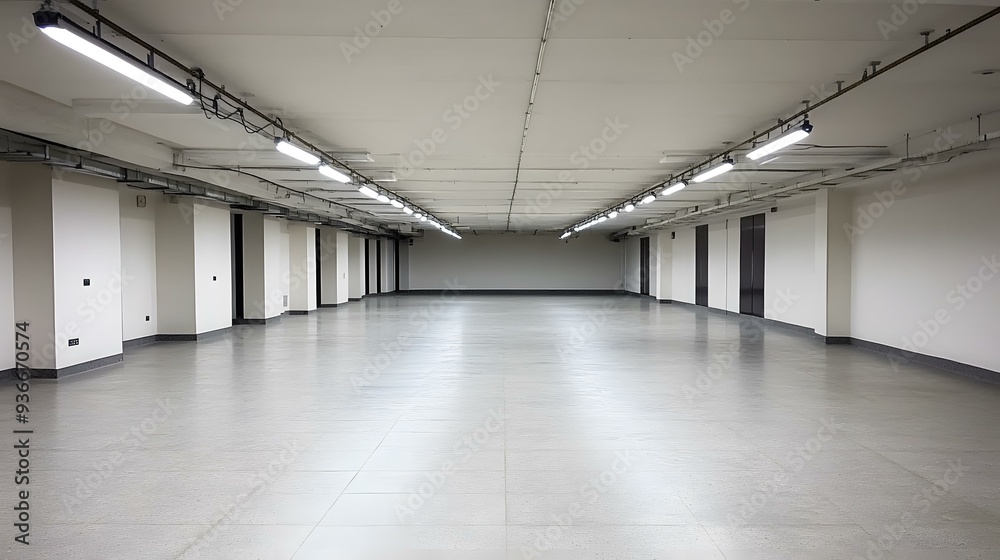 Obraz premium Empty Concrete Basement Corridor With Fluorescent Lights