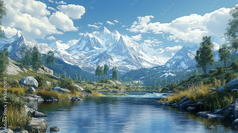Fototapeta premium A Breathtaking View of Majestic Mountains and Calm River