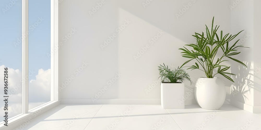 Minimalist White Room With Two Plants and Window View Minimalist White Room With Two Plants and Window View