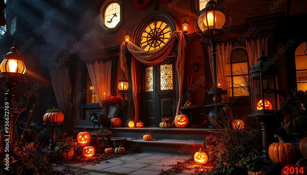 An old, spooky house decorated for Halloween with glowing jack-o-lanterns on the porch, a clock, and lanterns. An old, spooky house decorated for Halloween with glowing jack-o-lanterns on the porch, a clock, and lanterns.