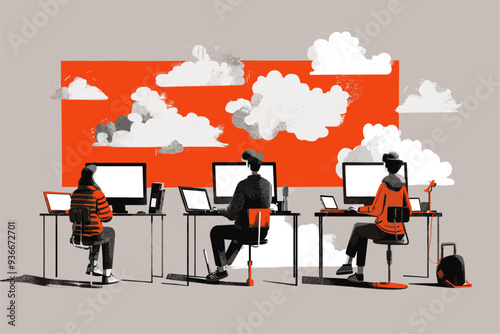 People using computers with cloud storage in co-working space. Colorful minimalist illustration