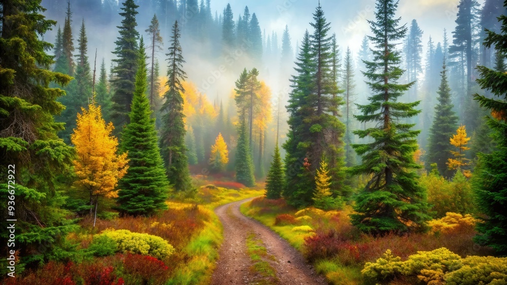 Serene landscape of a misty boreal forest with towering evergreen trees, vibrant green underbrush, and a winding dirt path surrounded by rustling autumn leaves.