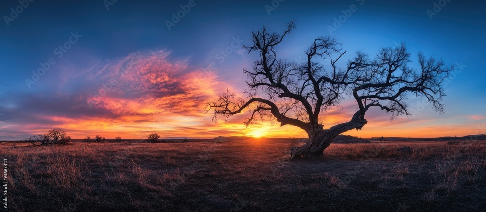 Obraz premium Lone Tree Silhouetted Against a Dramatic Sunset Sky