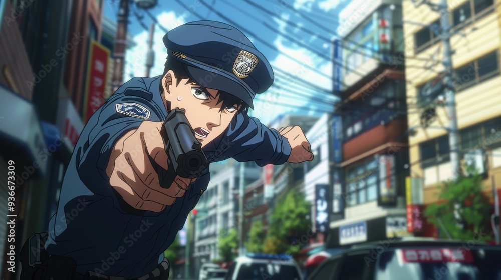 A determined anime police officer dashes down urban streets, pointing his gun forward in an urgent chase under a sunny sky A determined anime police officer dashes down urban streets, pointing his gun forward in an urgent chase under a sunny sky