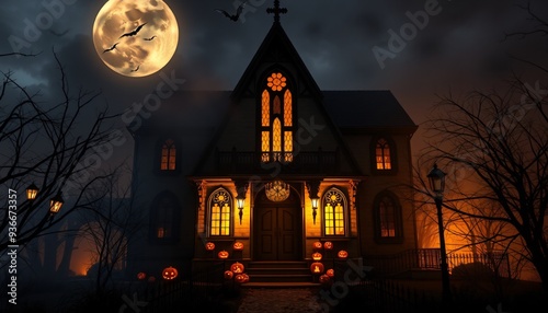 A spooky gothic style house with glowing windows and pumpkins on the front steps in front of a full moon and spooky trees.