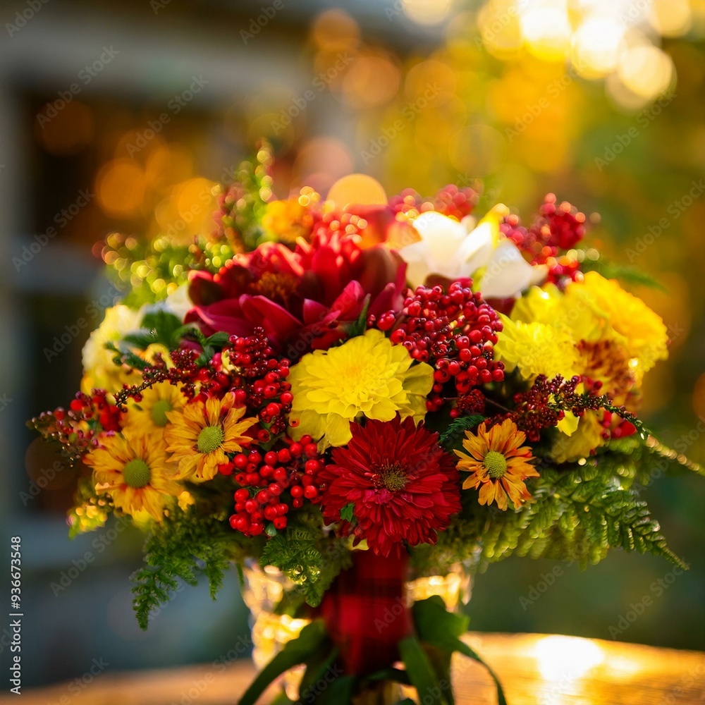 A beautiful fall bouquet with red, yellow, orange, white, and green flowers and berries, set in a rustic urban house, illuminated by warm evening sun. A beautiful fall bouquet with red, yellow, orange, white, and green flowers and berries, set in a rustic urban house, illuminated by warm evening sun.