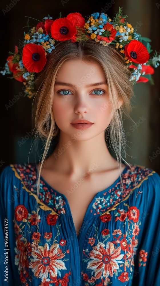 Ukrainian girl in a blue dress with embroidery, a wreath of poppies and wild flowers on her head. The girl has light brown hair and fair skin and blue-gray eyes. The dress is hand-embroidered in the U Ukrainian girl in a blue dress with embroidery, a wreath of poppies and wild flowers on her head. The girl has light brown hair and fair skin and blue-gray eyes. The dress is hand-embroidered in the U