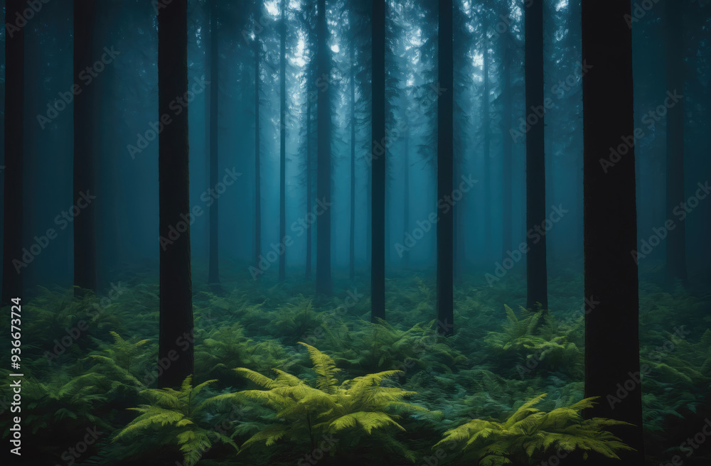 Naklejka premium A misty forest scene with tall trees and ferns in the foreground