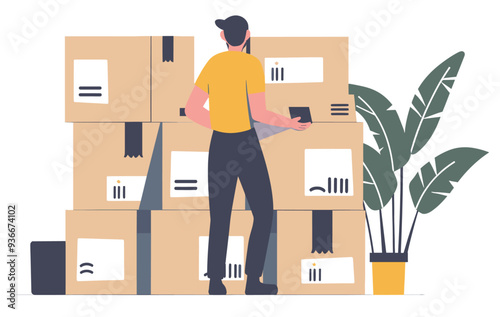 Person labels packages for shipping at logistic warehouse. Minimalist flat design illustration