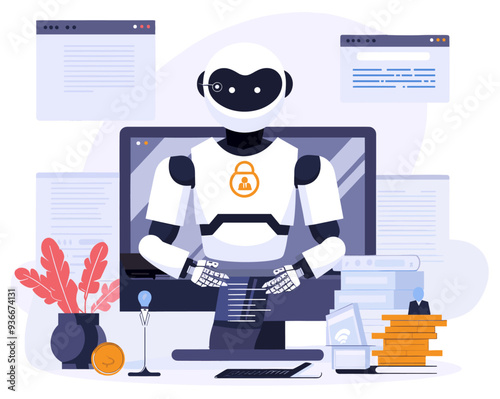 Applying Artificial Intelligent in financial fraud detection with and android robot working. Colorful minimalist illustration