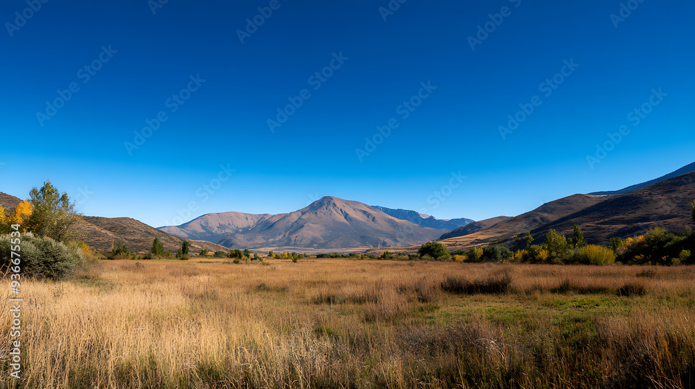 Obraz premium Breathtaking Mountain Landscape Captured in Autumn with Clear Blue Skies and Golden Meadows Emphasizing Nature’s Beauty and Tranquility