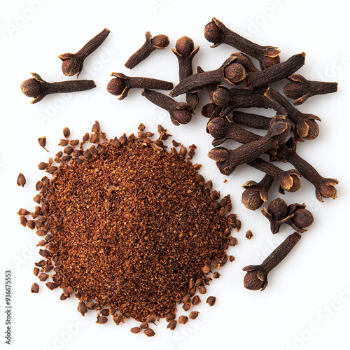 dried clove buds and ground cloves, isolated on white background