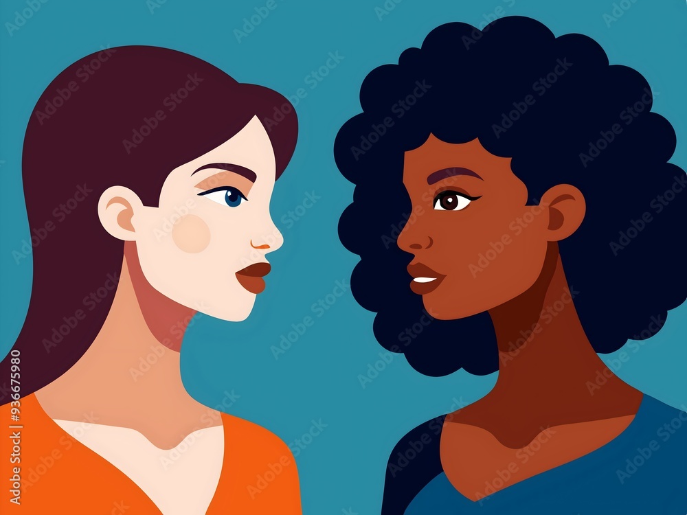 Two women facing each other, one with long brown hair and light skin, the other with curly black hair and dark skin. They are set against a teal background, showcasing diversity and connection. Two women facing each other, one with long brown hair and light skin, the other with curly black hair and dark skin. They are set against a teal background, showcasing diversity and connection.
