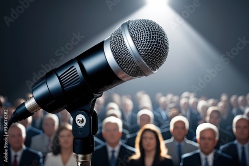 Microphone Highlighted in Spotlight Signaling Upcoming Speech to Blurred Audience photo