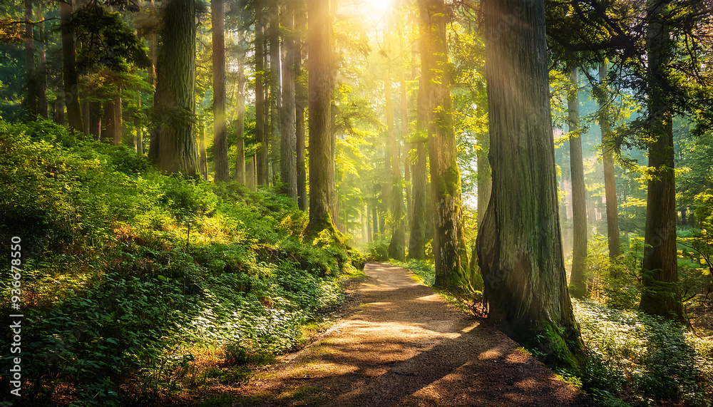 Fototapeta premium Sunbeams pierce through towering redwood trees, illuminating a winding forest path. Generative AI