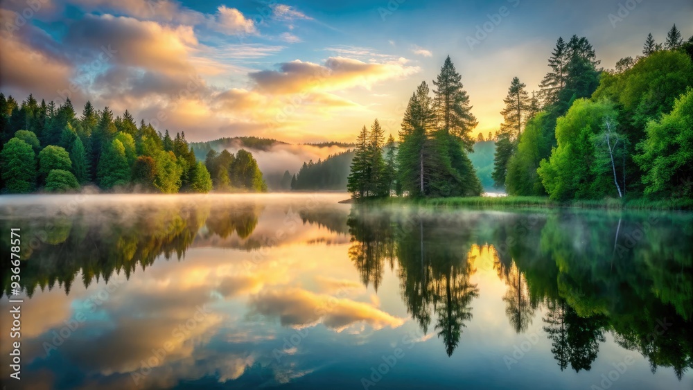 Serene misty lake scene at dawn, with fog rolling in, surrounded by lush green trees and reflected in calm mirrored water. Serene misty lake scene at dawn, with fog rolling in, surrounded by lush green trees and reflected in calm mirrored water.