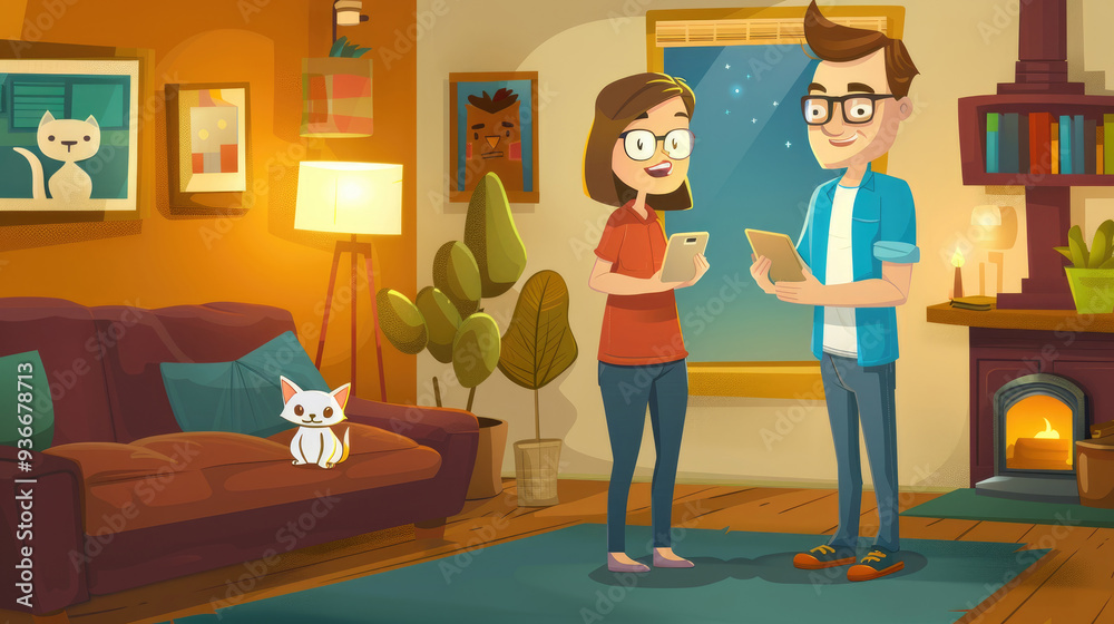 A couple enjoys a leisurely evening together, engaging with their devices in a warmly lit living room with a cat nearby A couple enjoys a leisurely evening together, engaging with their devices in a warmly lit living room with a cat nearby