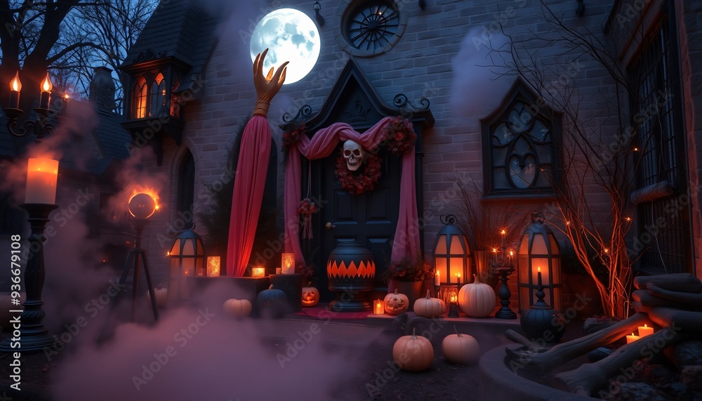A spooky Halloween front porch with a cauldron, pumpkins, candles, and a hand reaching up to the full moon. A spooky Halloween front porch with a cauldron, pumpkins, candles, and a hand reaching up to the full moon.