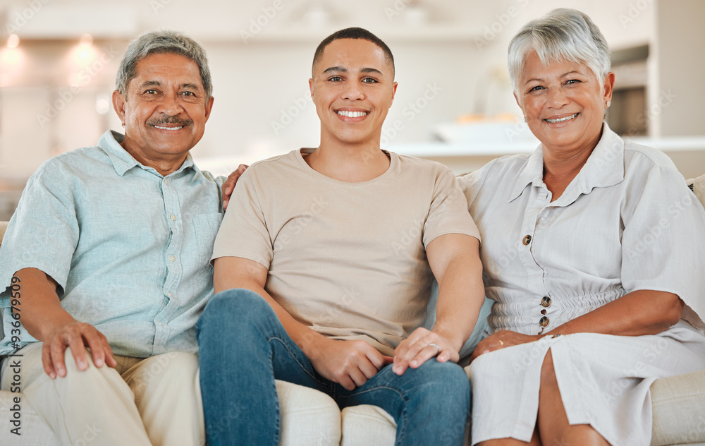 Obraz premium Family, portrait and senior parents with son in lounge for bonding and happy on sofa as leisure on weekend. Elderly people, child and relax with smile for visit, relationship and comfort in house