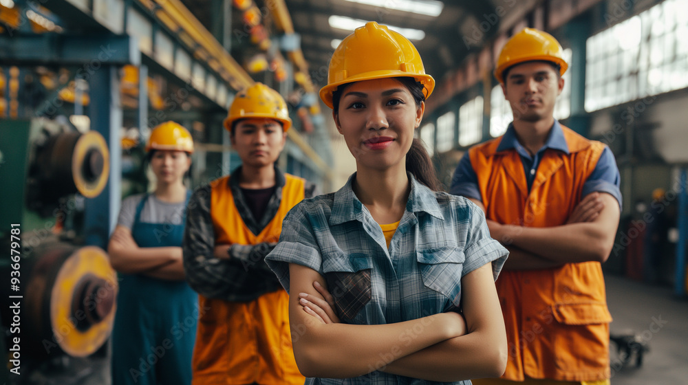 Factory Workers: A team of factory workers standing proudly by machinery, Labor Day, with copy space Factory Workers: A team of factory workers standing proudly by machinery, Labor Day, with copy space